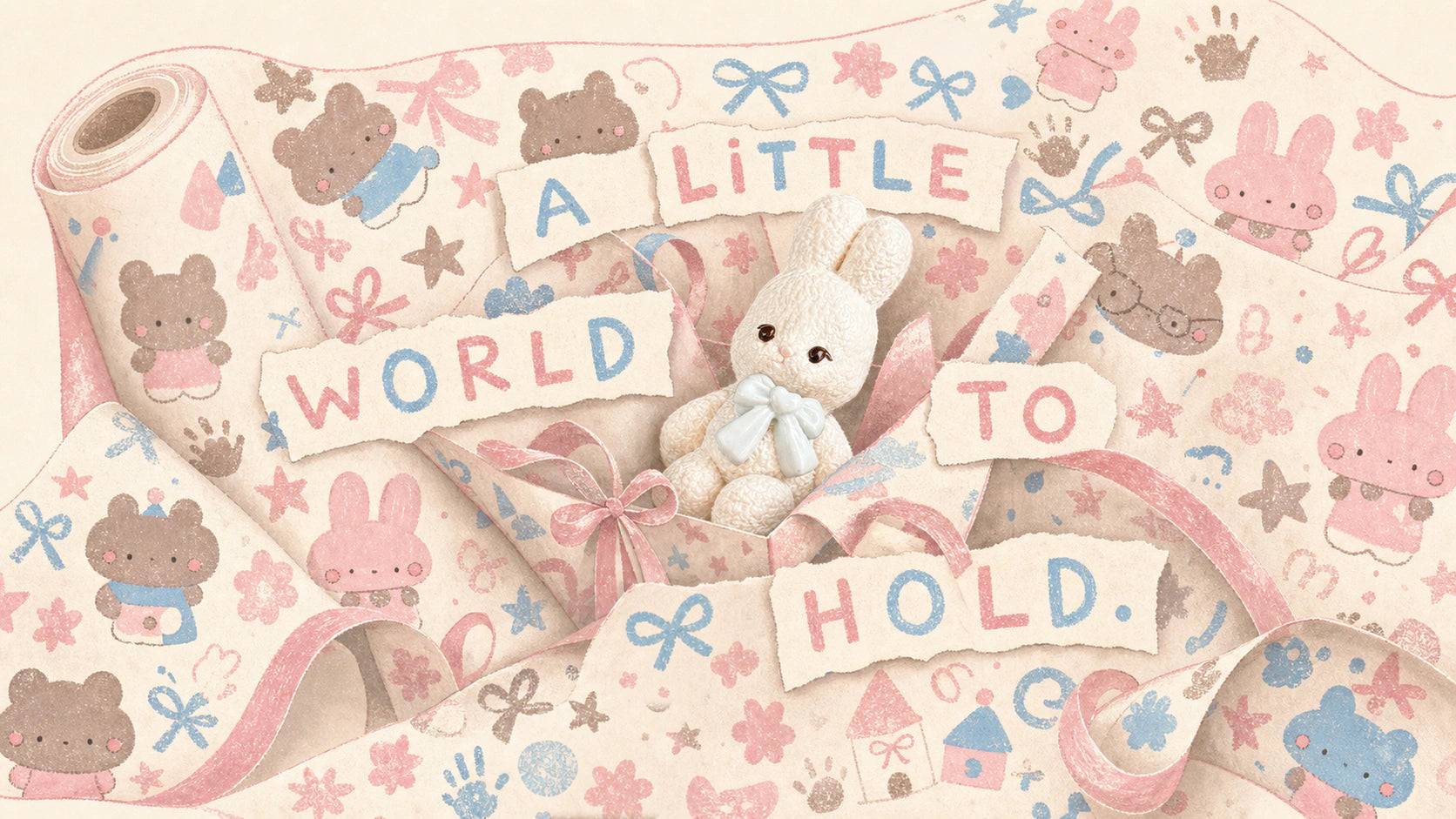A little world to hold, illustrated with Plumimi animal friends, wrapping paper and a handmade bunny collectible.
